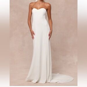 Lulus Romantic Vision White Pearl Strapless Maxi Dress‎ size L NWT